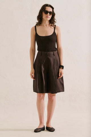 Pleated Linen Bermuda Shorts Dark Brown