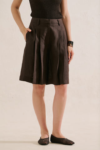 Pleated Linen Bermuda Shorts Dark Brown