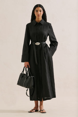 Linen Belted Shirt Dress Black
