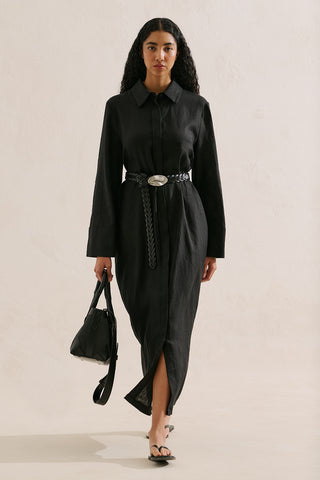 Linen Belted Shirt Dress Black