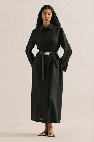 Linen Belted Shirt Dress Black