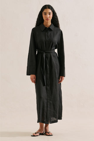 Linen Belted Shirt Dress Black