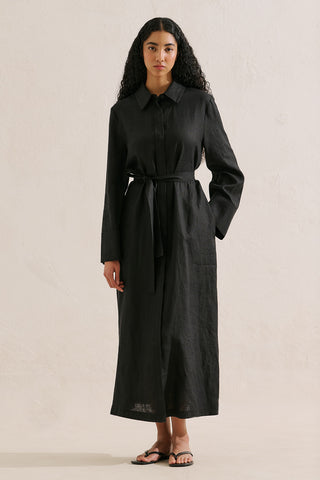 Linen Belted Shirt Dress Black