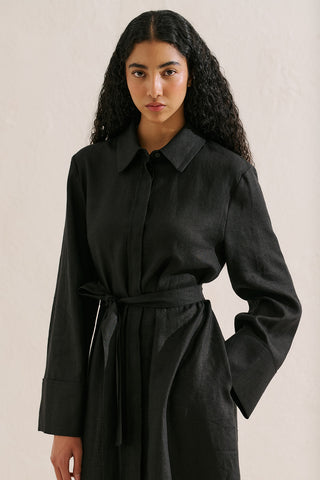 Linen Belted Shirt Dress Black