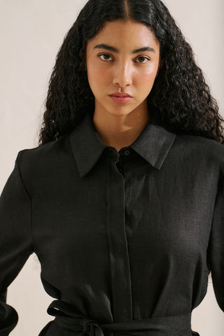 Linen Belted Shirt Dress Black