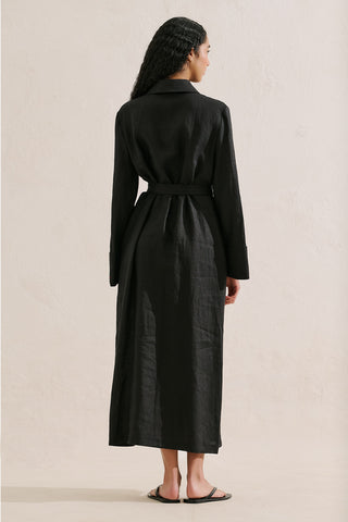 Linen Belted Shirt Dress Black