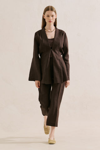 Pleated Linen Kimono Jacket Dark Brown