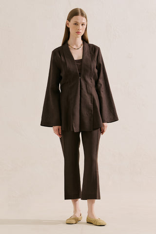 Pleated Linen Kimono Jacket Dark Brown