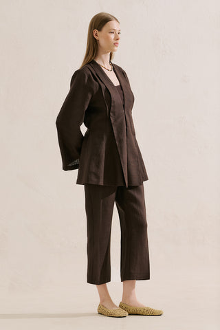 Pleated Linen Kimono Jacket Dark Brown