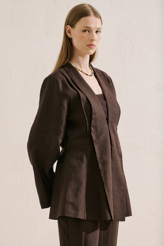Pleated Linen Kimono Jacket Dark Brown