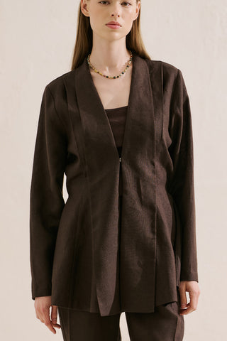 Pleated Linen Kimono Jacket Dark Brown