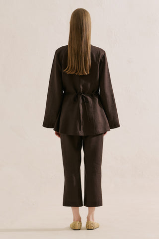 Pleated Linen Kimono Jacket Dark Brown