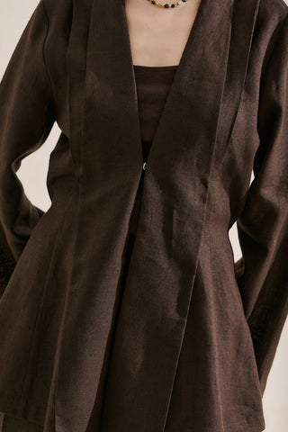 Pleated Linen Kimono Jacket Dark Brown