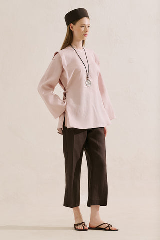 Linen Tie Detail Wide Sleeve Tunic Pink