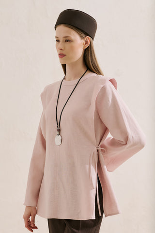 Linen Tie Detail Wide Sleeve Tunic Pink