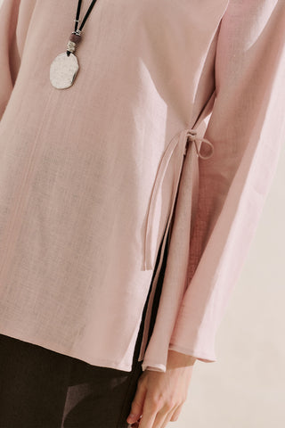 Linen Tie Detail Wide Sleeve Tunic Pink