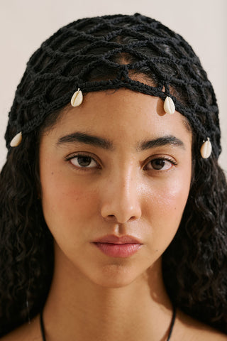 Woven Hat With Seashell Detail Black