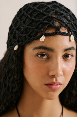 Woven Hat With Seashell Detail Black