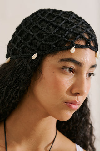 Woven Hat With Seashell Detail Black