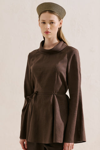 Linen Blend High Neck Tunic Brown