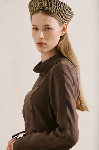 Linen Blend High Neck Tunic Brown