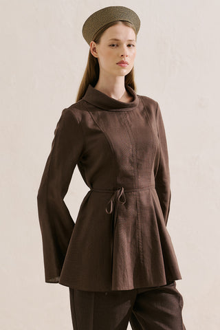 Linen Blend High Neck Tunic Brown