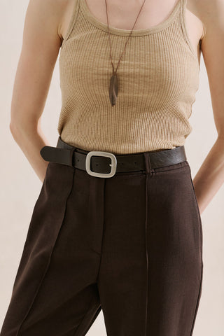 Leather Belt With Silver Buckle Dark Brown