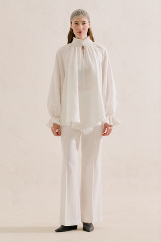 Shirred Linen Balloon Sleeve Blouse Ecru