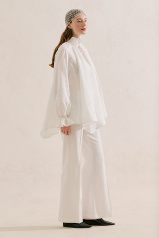 Shirred Linen Balloon Sleeve Blouse Ecru