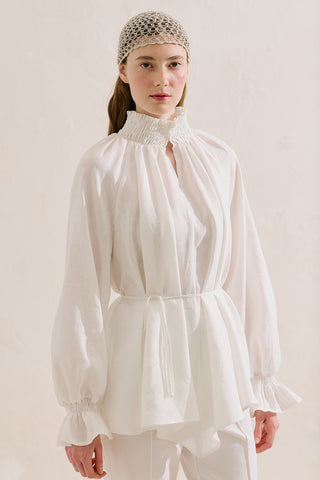 Shirred Linen Balloon Sleeve Blouse Ecru
