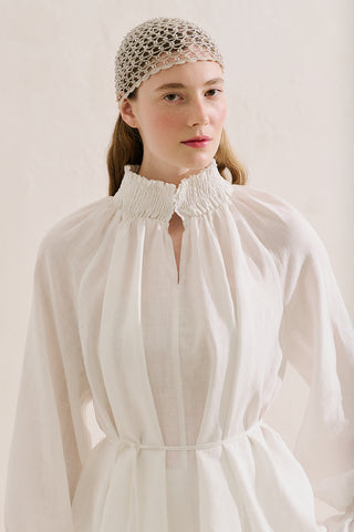 Shirred Linen Balloon Sleeve Blouse Ecru