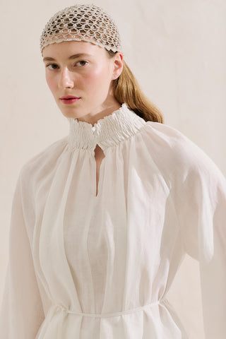 Shirred Linen Balloon Sleeve Blouse Ecru