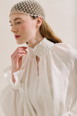 Shirred Linen Balloon Sleeve Blouse Ecru