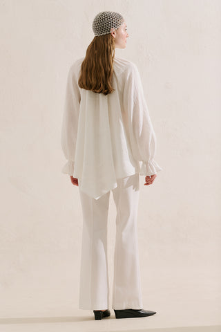 Shirred Linen Balloon Sleeve Blouse Ecru