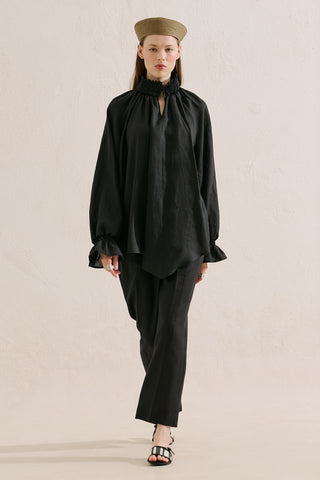 Shirred Linen Balloon Sleeve Blouse Black