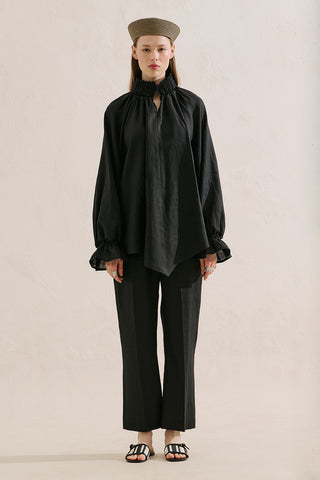 Shirred Linen Balloon Sleeve Blouse Black