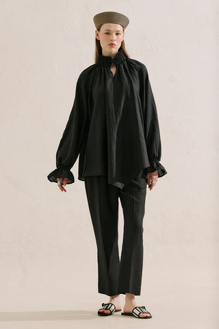 Shirred Linen Balloon Sleeve Blouse Black