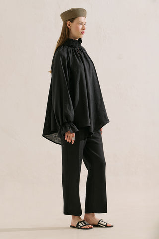 Shirred Linen Balloon Sleeve Blouse Black