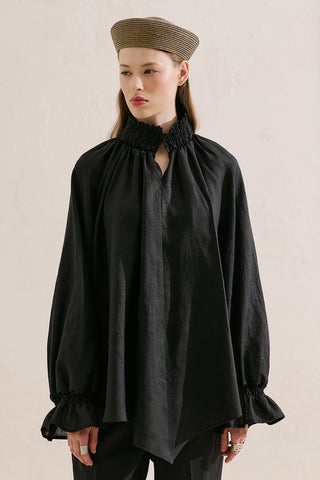 Shirred Linen Balloon Sleeve Blouse Black