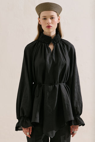 Shirred Linen Balloon Sleeve Blouse Black