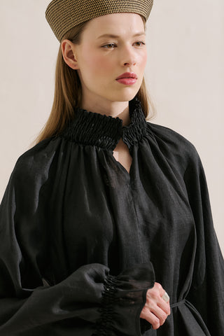 Shirred Linen Balloon Sleeve Blouse Black