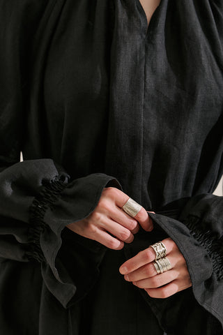 Shirred Linen Balloon Sleeve Blouse Black