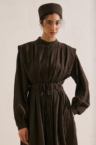 Long Sleeve Pleated Dress With Belt Detail Dark Brown