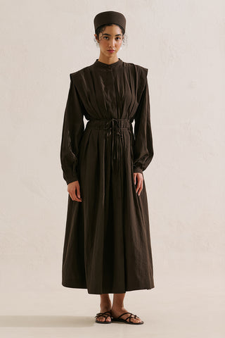Long Sleeve Pleated Dress With Belt Detail Dark Brown