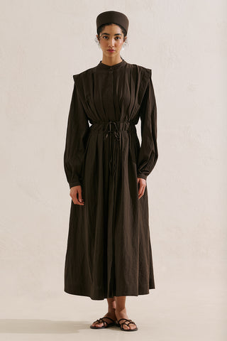 Long Sleeve Pleated Dress With Belt Detail Dark Brown