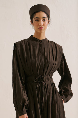 Long Sleeve Pleated Dress With Belt Detail Dark Brown