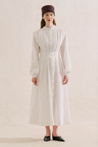 Long Sleeve Pleated Dress With Belt Detail Ecru
