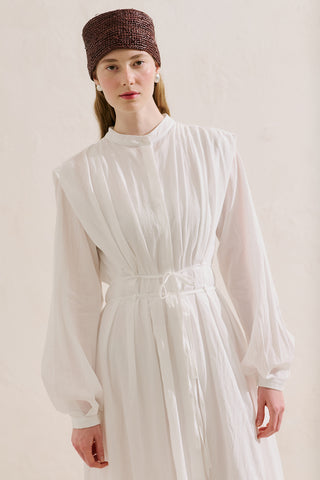 Long Sleeve Pleated Dress With Belt Detail Ecru