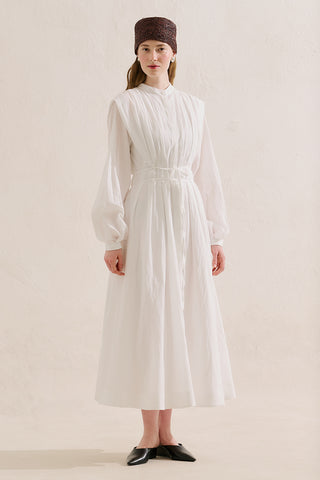 Long Sleeve Pleated Dress With Belt Detail Ecru