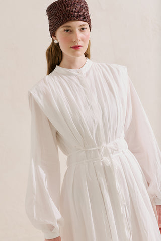 Long Sleeve Pleated Dress With Belt Detail Ecru